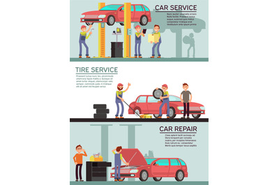 Car services and auto garag vector marketing banners with cartoon mech