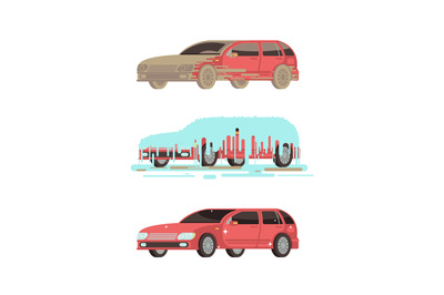 Dirty and clean shine car. Washing stages vector set