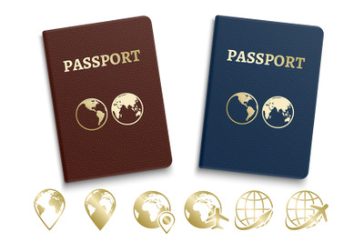 Passports international ID and golden navigation and travel icons