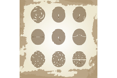 Fingerprint collection on grunge vintage backdrop