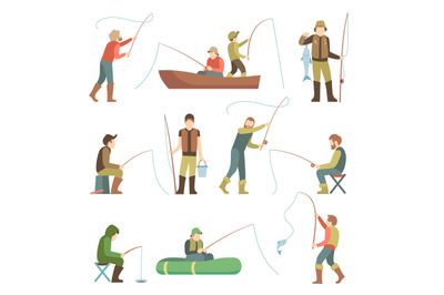 Fisherman flat icons. Fishing people with fish and equipment vector se