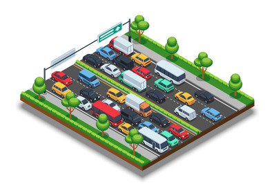 Isometric highway with traffic jam. 3d transportation vector concept w