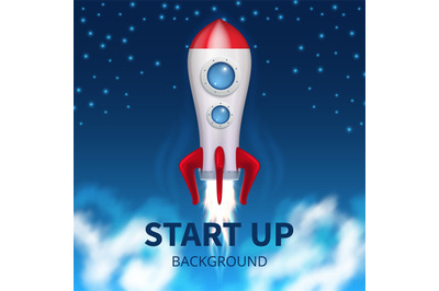 Fired up space rocket, retro booster. Shuttle launch creative startup