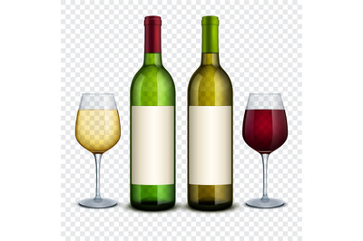 Red and white wine in bottles and wineglasses vector mockup