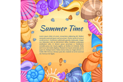 Summer travel vector card with cartoon sea shell border