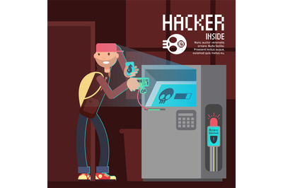 Computer safety and computer crime vector concept with cartoon hacker