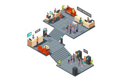 Commercial bank office 3d isometric interior with business people insi