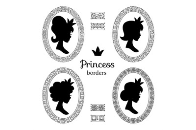 Medieval princess silhouette portraits in vintage victorian frames vec