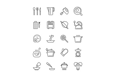 Cooking, food preparation and kitchen tools vector icons