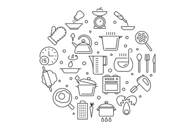 Cooking foods and kitchen tools thin line vector icons