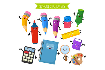 Cartoon 3d vector characters of school writing stationery