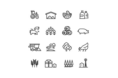 Farm harvest linear vector icons. Agronomy and farming pictograms. Agr