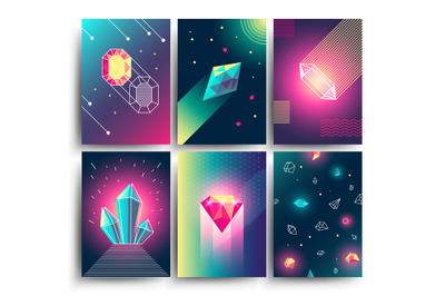 Abstract trendy vector cosmic posters with crystal gems and pyramid ge