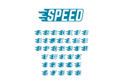 Speed flying vector alphabet. Fast symbols typeface for racing car tea