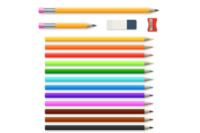 Colored pencils, eraser and sharpener isolated on white vector set