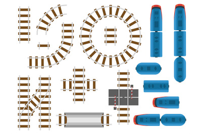 Top view railway tracks and railroad transport - trains, carriage and