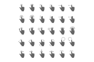 Hand swipe and drag gesture vector icons with touching action arrows f