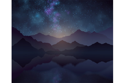 Nature night vector background with starry sky, mountains and water su