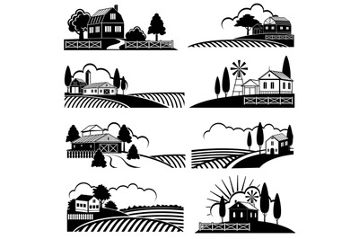Vintage countryside landscape with farm scene. Vector backgrounds in w