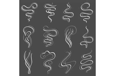 Smoke steam vector set. Smell and fumes line icons isolated on white