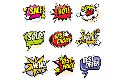 Comic speech bubbles with promo words. Discount&2C; sale and shopping car