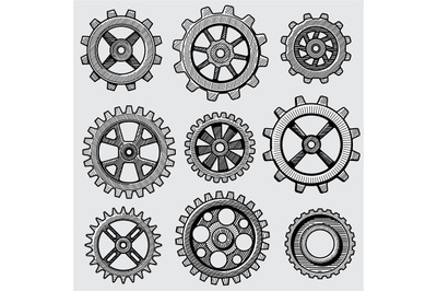 Retro sketch mechanical gears. Hand drawn vintage cog wheel parts of f