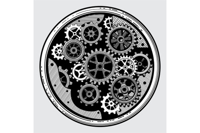 Vintage industrial machinery with gears. Cogwheel transmission in hand