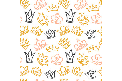 Newborn cute girl vector seamless pattern with doodle crowns