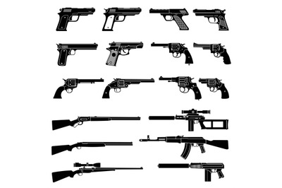 Gun and automatic weapon vector icons. Military combat firearms pictog