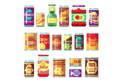 Canned goods vector set. Tinned food, conservation tomato soup and veg