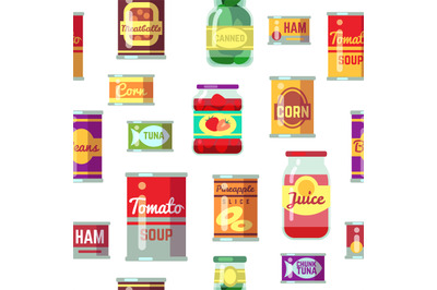 Canned goods and food in metal container vector seamless pattern