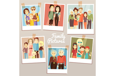 Happy family pictures with different generations vector set. Photo fam