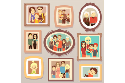 Big family smiling photo portraits in frames on wall vector illustrati