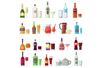 Alcoholic and soft drinks. Beverages in glass and bottles flat vector