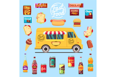 Food truck with big set summer meal, fast food snacks, bottle drinks a