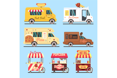 Street fast food delivery trucks flat set