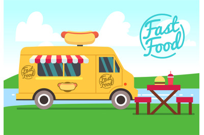 Outdoor cafe with food truck and tables. Street food small business ve