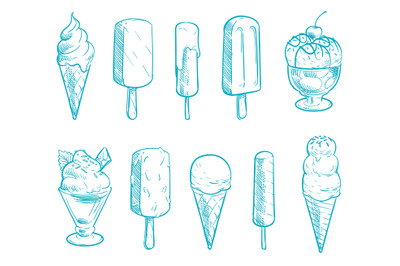 Doodle ice cream cones vector set. Hand drawn cartoon ice creams