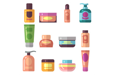 Woman beauty cosmetics product vector flat icons