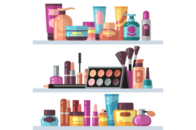 Cosmetic bottles on store shelves. Woman beauty and care vector concep