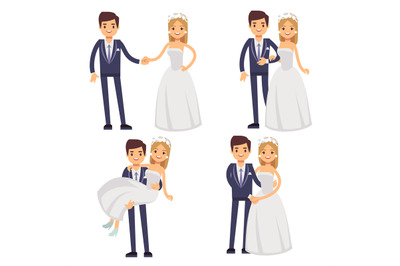 Cartoon wedding couple. Just married vector characters