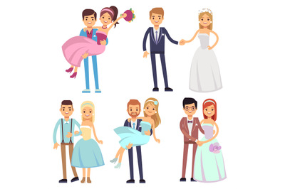 Happy smiling wedding couples isolated vector set. Young brides and gr