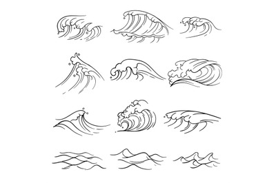 Hand drawn ocean waves vector set. Sea storm wave isolated