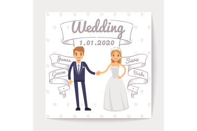 Wedding invitation card with just married young couple and them names