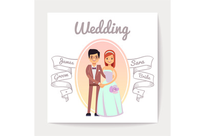 Cartoon married or engaged couple bride and groom wedding vector card