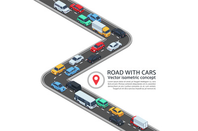 Isometric street with cars. 3d highway and vehicles vector concept