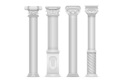 Realistic white antique roman column vector set. Building stone column