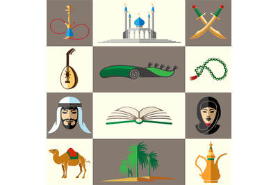 Arabic, middle east flat vector icons