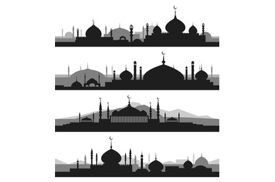 Islamic cityscape with mosque silhouettes