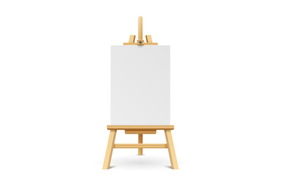 Wooden paint board with white empty paper frame. Art easel stand with